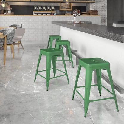 24" High Backless Green Metal Indoor-Outdoor Counter Height Stool with Seat