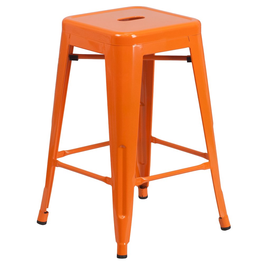 24" High Backless Orange Metal Indoor-Outdoor Counter Height Stool with Seat
