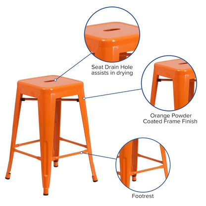 24" High Backless Orange Metal Indoor-Outdoor Counter Height Stool with Seat