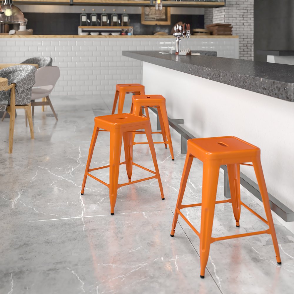 24" High Backless Orange Metal Indoor-Outdoor Counter Height Stool with Seat