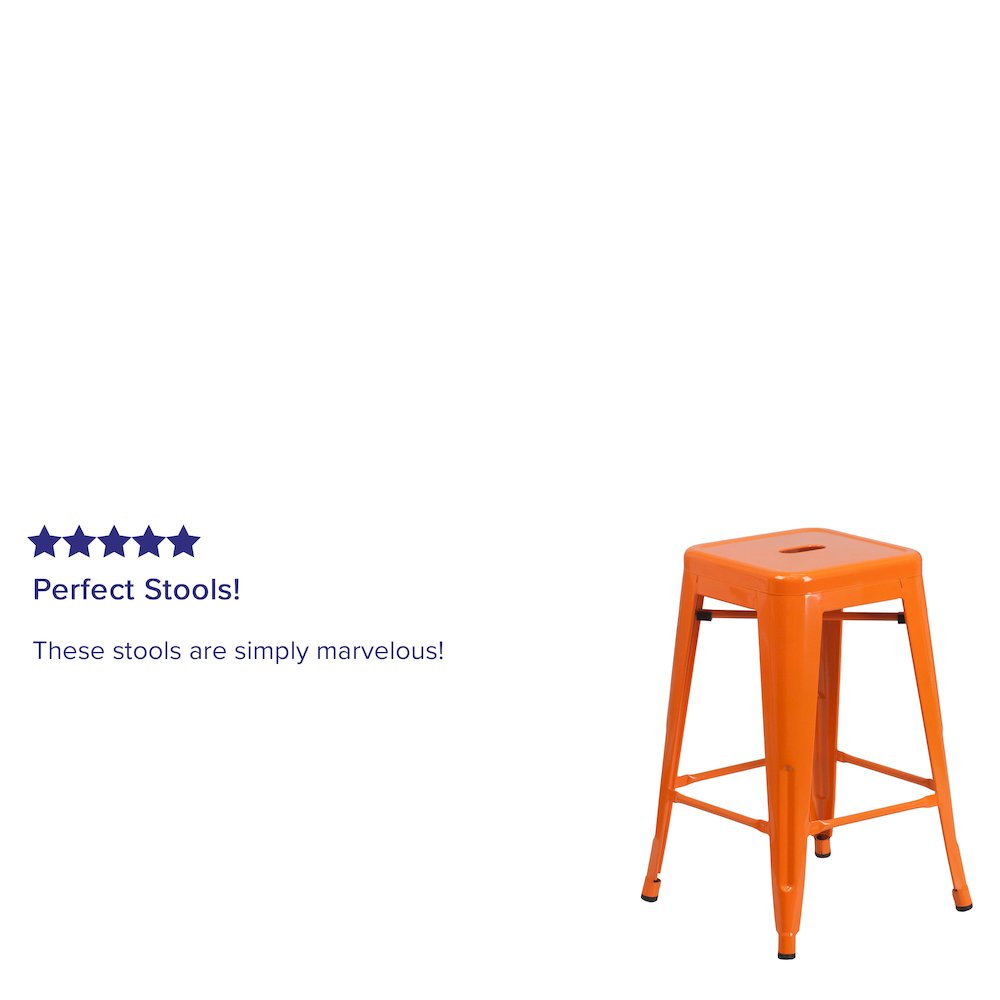 24" High Backless Orange Metal Indoor-Outdoor Counter Height Stool with Seat