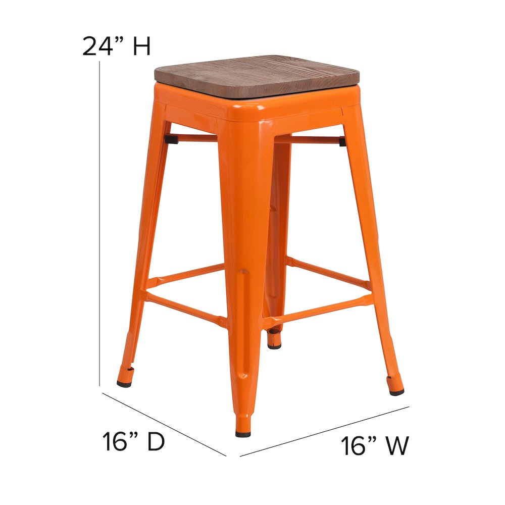 24" High Backless Orange Metal Counter Height Stool with Square Wood Seat