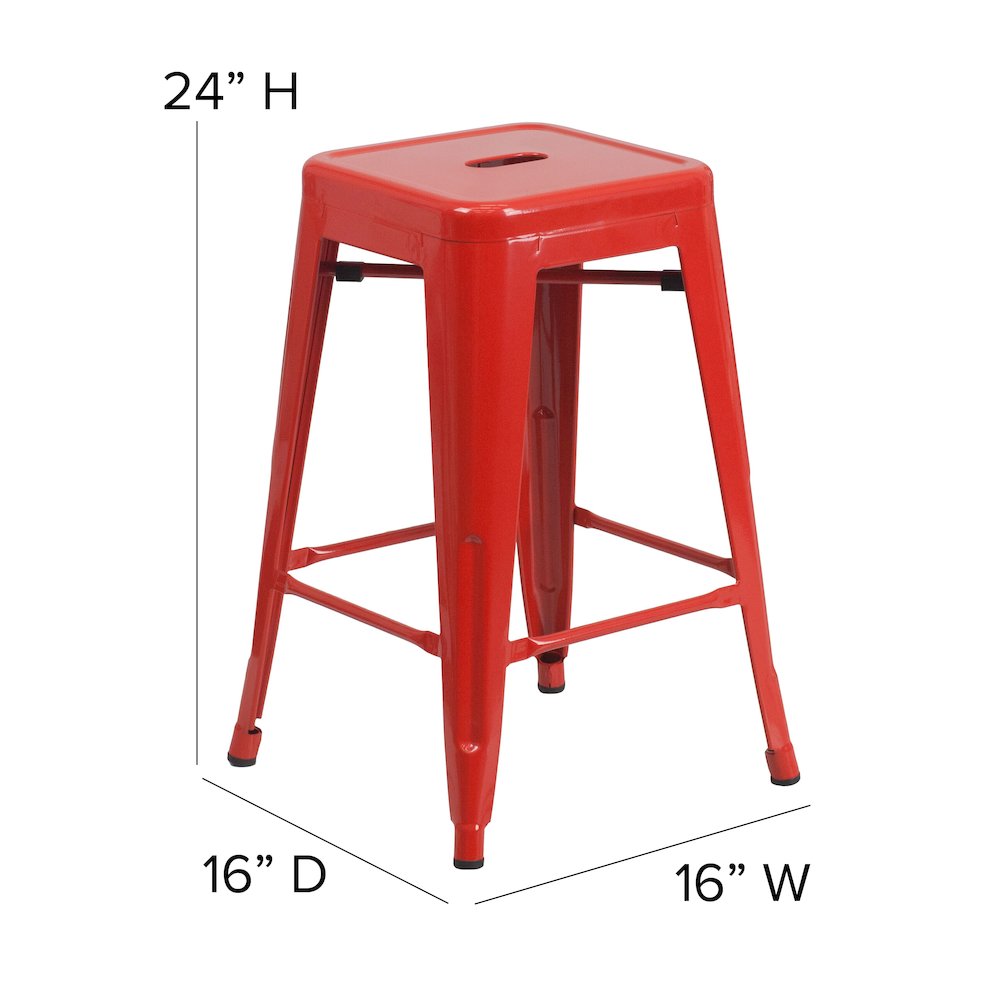 24" High Backless Red Metal Indoor-Outdoor Counter Height Stool with Square Seat