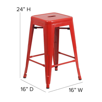 24" High Backless Red Metal Indoor-Outdoor Counter Height Stool with Square Seat