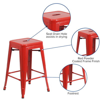 24" High Backless Red Metal Indoor-Outdoor Counter Height Stool with Square Seat