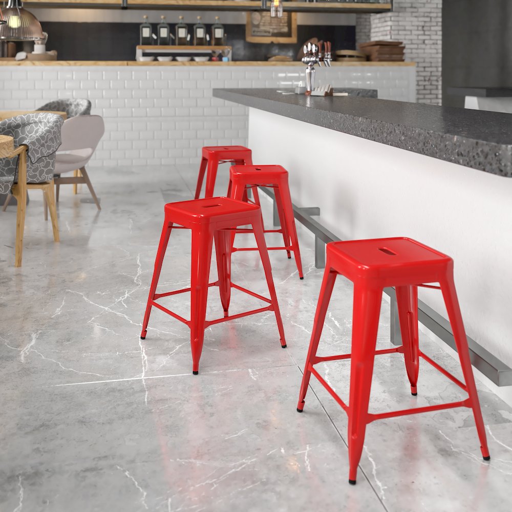 24" High Backless Red Metal Indoor-Outdoor Counter Height Stool with Square Seat