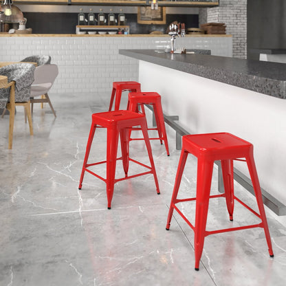 24" High Backless Red Metal Indoor-Outdoor Counter Height Stool with Square Seat