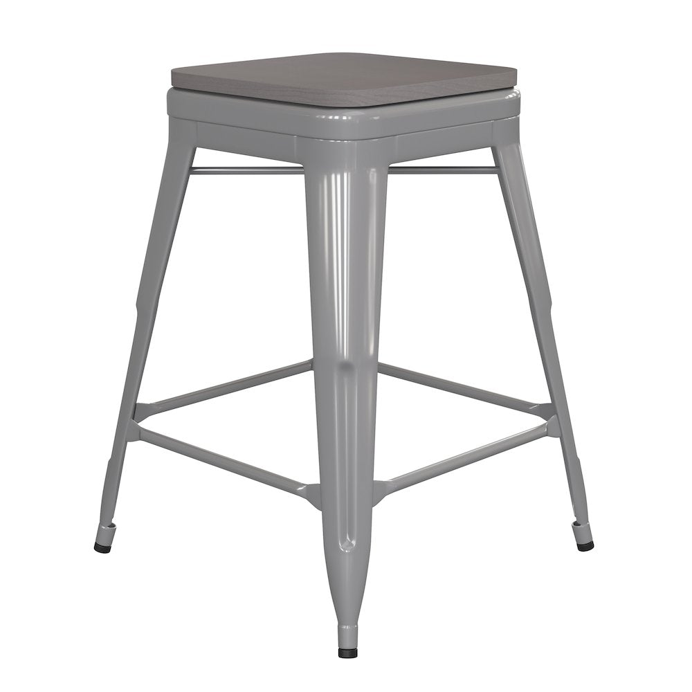 24" High Silver Metal Indoor-Counter Height Stool with Gray Poly Resin Wood Seat