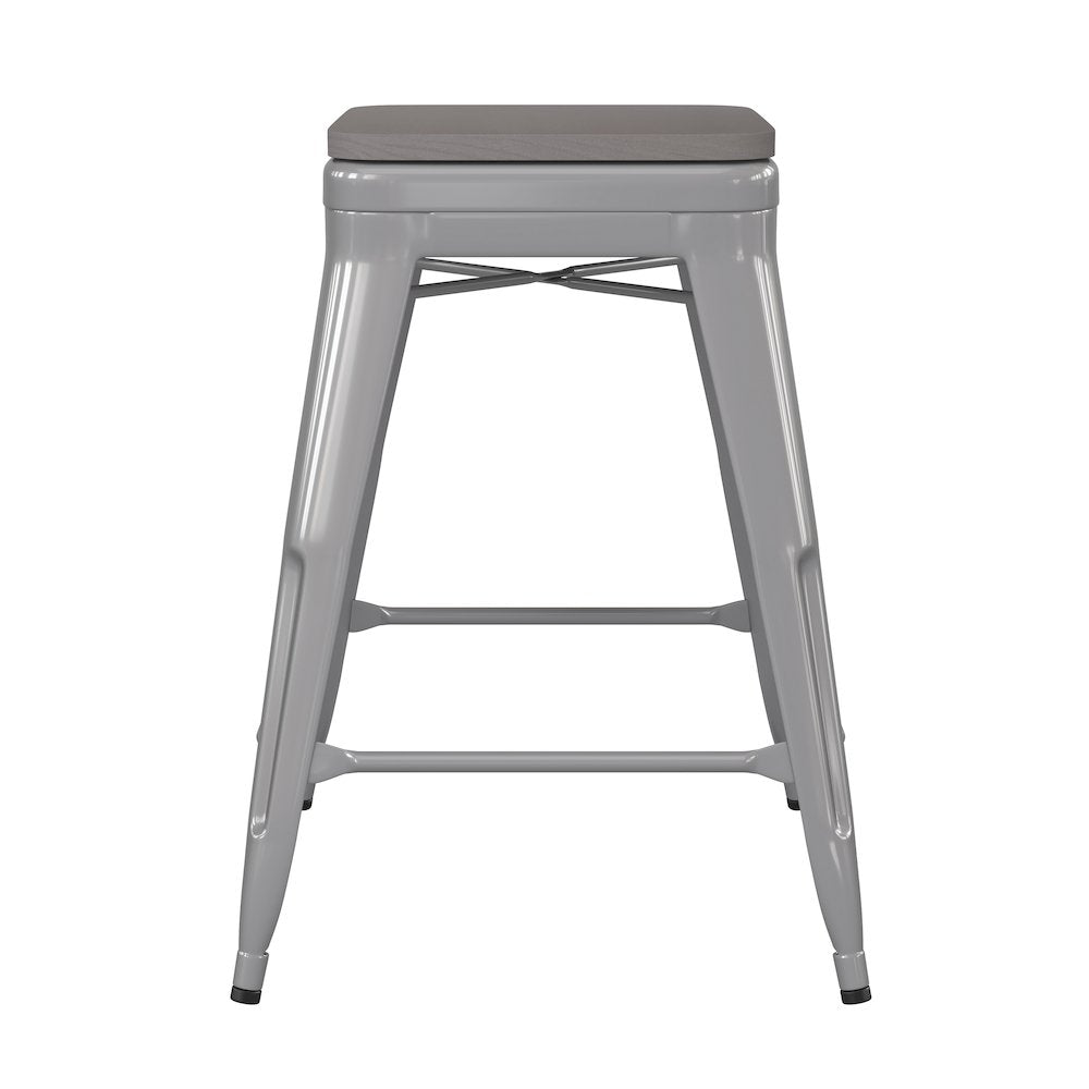 24" High Silver Metal Indoor-Counter Height Stool with Gray Poly Resin Wood Seat
