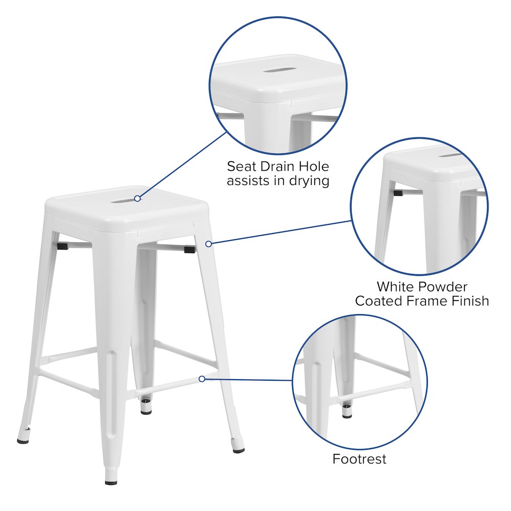 Commercial Grade 24" High Backless White Metal Indoor-Outdoor Counter Height Stool with Square Seat