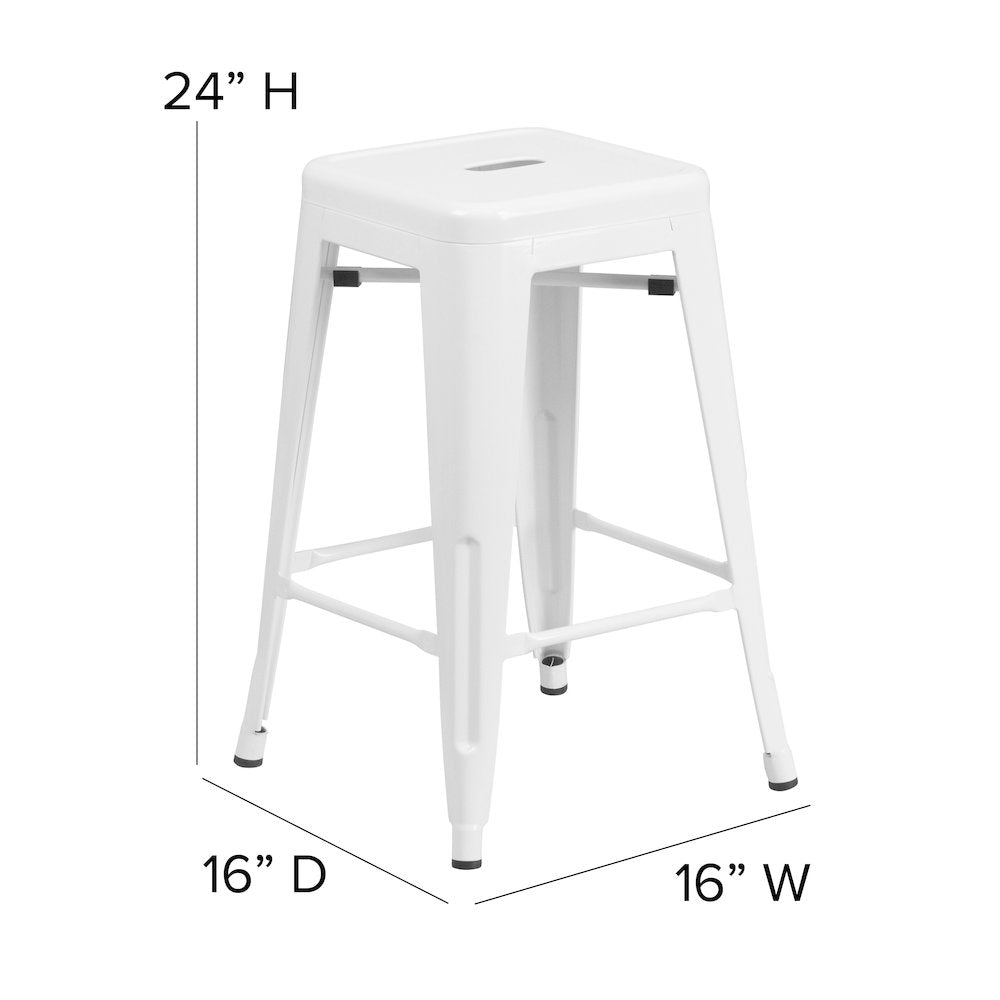 24" High White Metal Indoor-Counter Height Stool with Gray Poly Resin Wood Seat