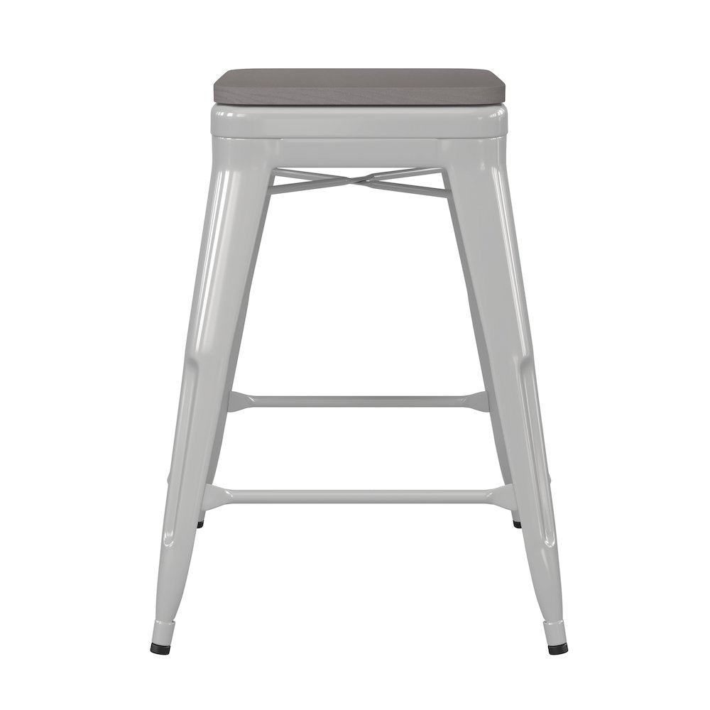 24" High White Metal Indoor-Counter Height Stool with Gray Poly Resin Wood Seat