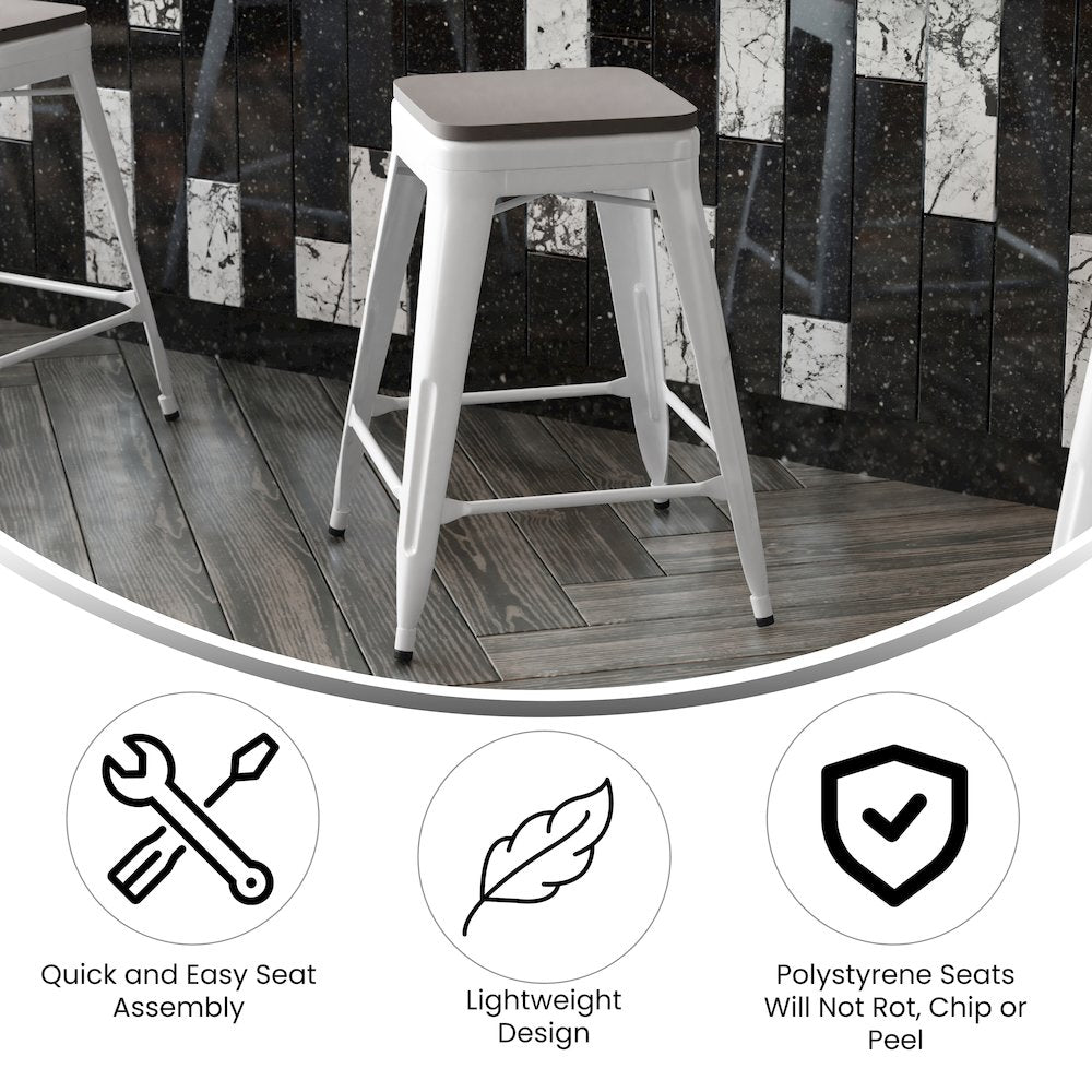 24" High White Metal Indoor-Counter Height Stool with Gray Poly Resin Wood Seat