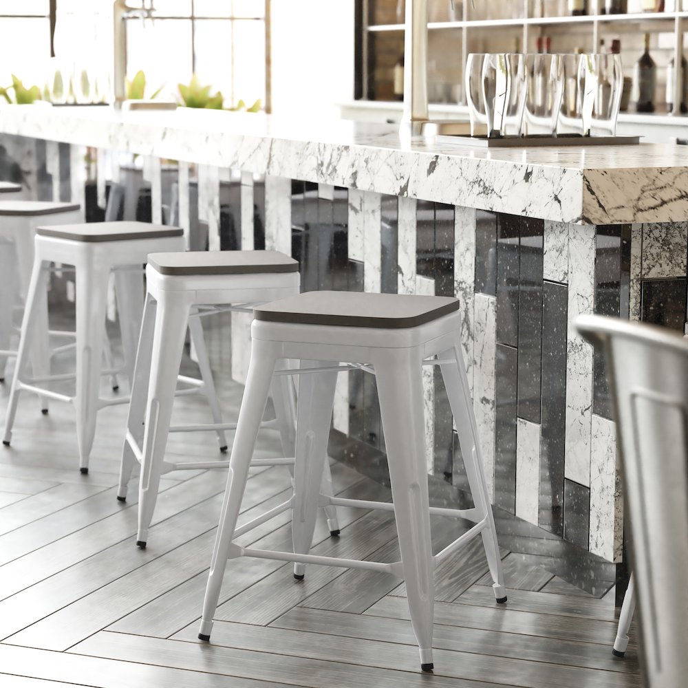 24" High White Metal Indoor-Counter Height Stool with Gray Poly Resin Wood Seat