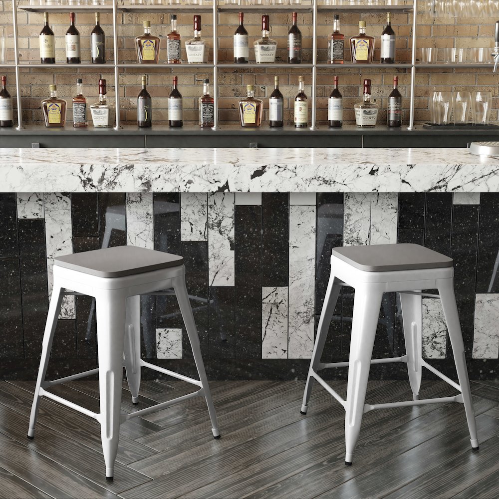 24" High White Metal Indoor-Counter Height Stool with Gray Poly Resin Wood Seat
