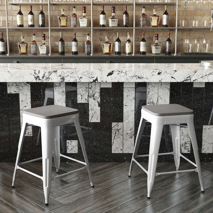 24" High White Metal Indoor-Counter Height Stool with Gray Poly Resin Wood Seat