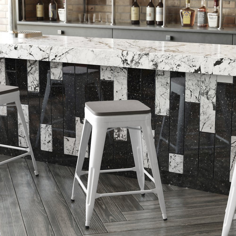 24" High White Metal Indoor-Counter Height Stool with Gray Poly Resin Wood Seat