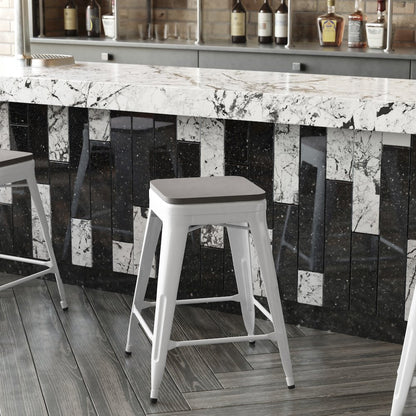 24" High White Metal Indoor-Counter Height Stool with Gray Poly Resin Wood Seat