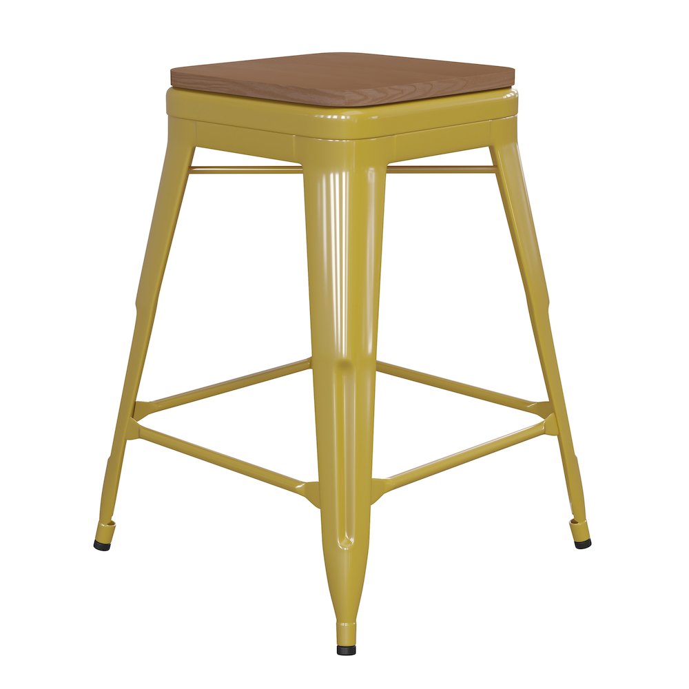 24" High Yellow Metal Indoor-Counter Height Stool with Teak Poly Resin Wood Seat