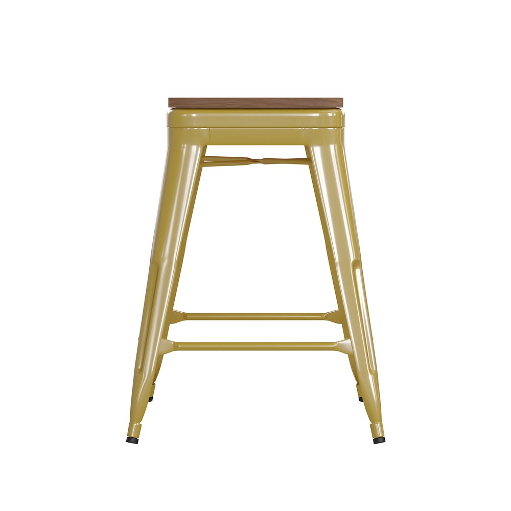 24" High Yellow Metal Indoor-Counter Height Stool with Teak Poly Resin Wood Seat