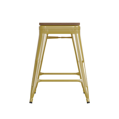 24" High Yellow Metal Indoor-Counter Height Stool with Teak Poly Resin Wood Seat