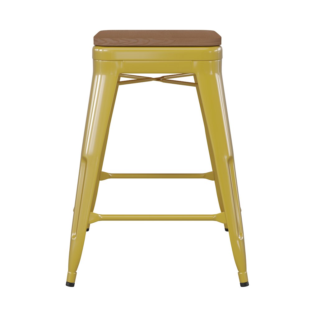 24" High Yellow Metal Indoor-Counter Height Stool with Teak Poly Resin Wood Seat