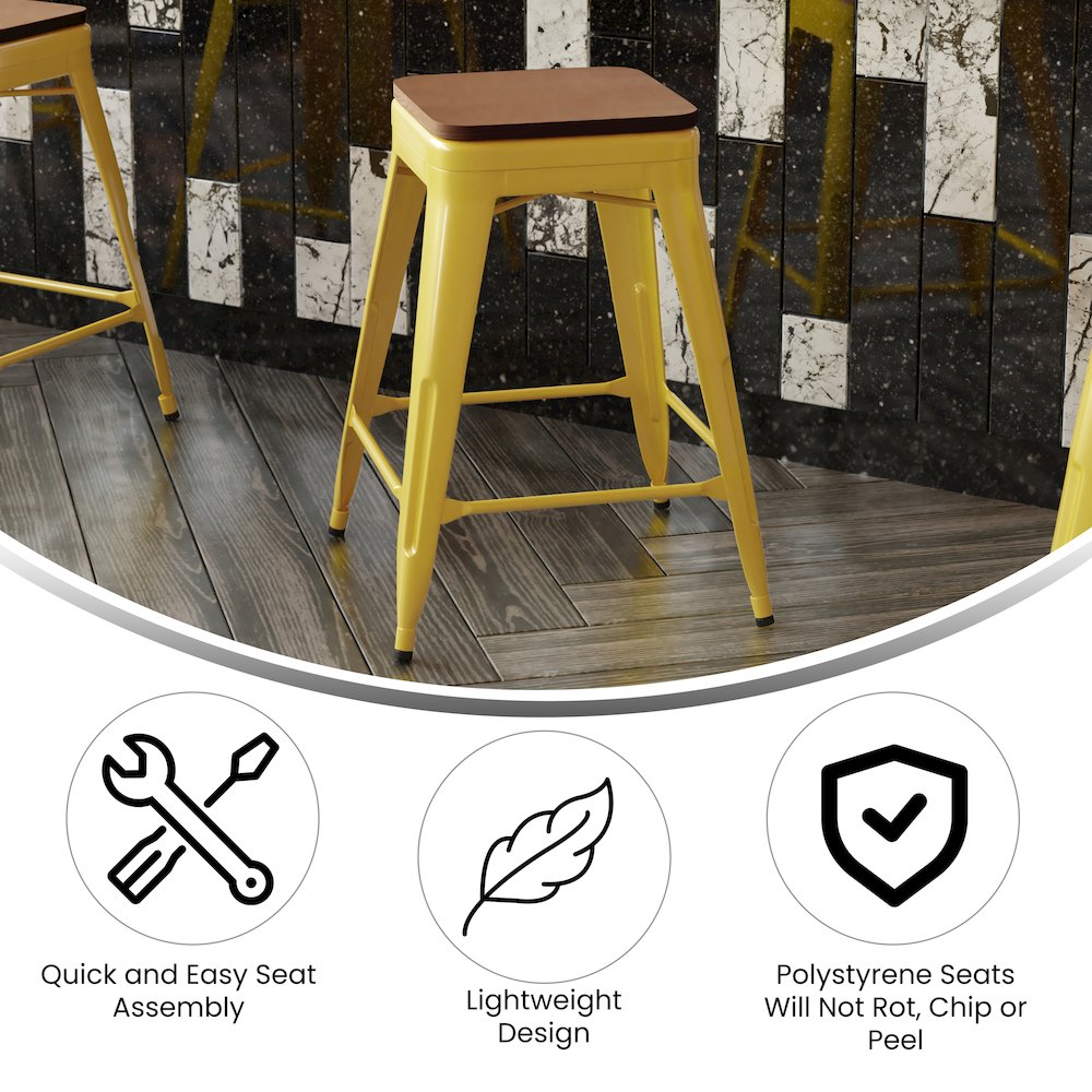 24" High Yellow Metal Indoor-Counter Height Stool with Teak Poly Resin Wood Seat