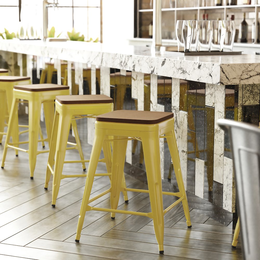 24" High Yellow Metal Indoor-Counter Height Stool with Teak Poly Resin Wood Seat