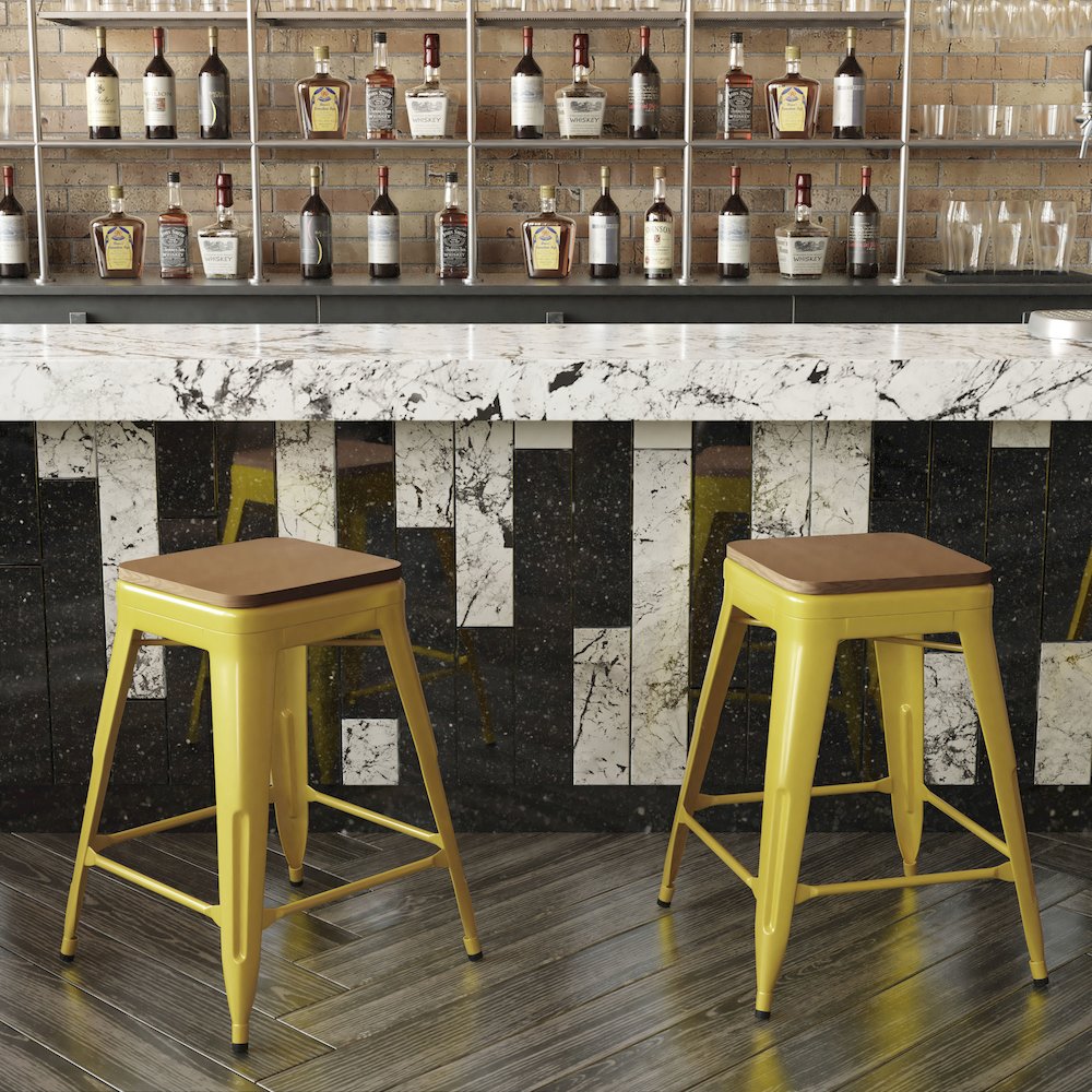 24" High Yellow Metal Indoor-Counter Height Stool with Teak Poly Resin Wood Seat