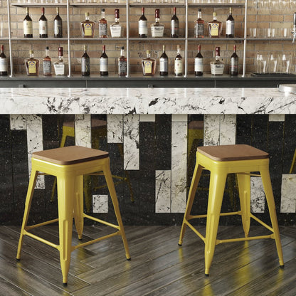 24" High Yellow Metal Indoor-Counter Height Stool with Teak Poly Resin Wood Seat