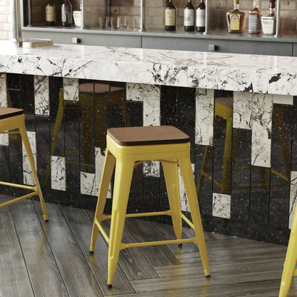 24" High Yellow Metal Indoor-Counter Height Stool with Teak Poly Resin Wood Seat