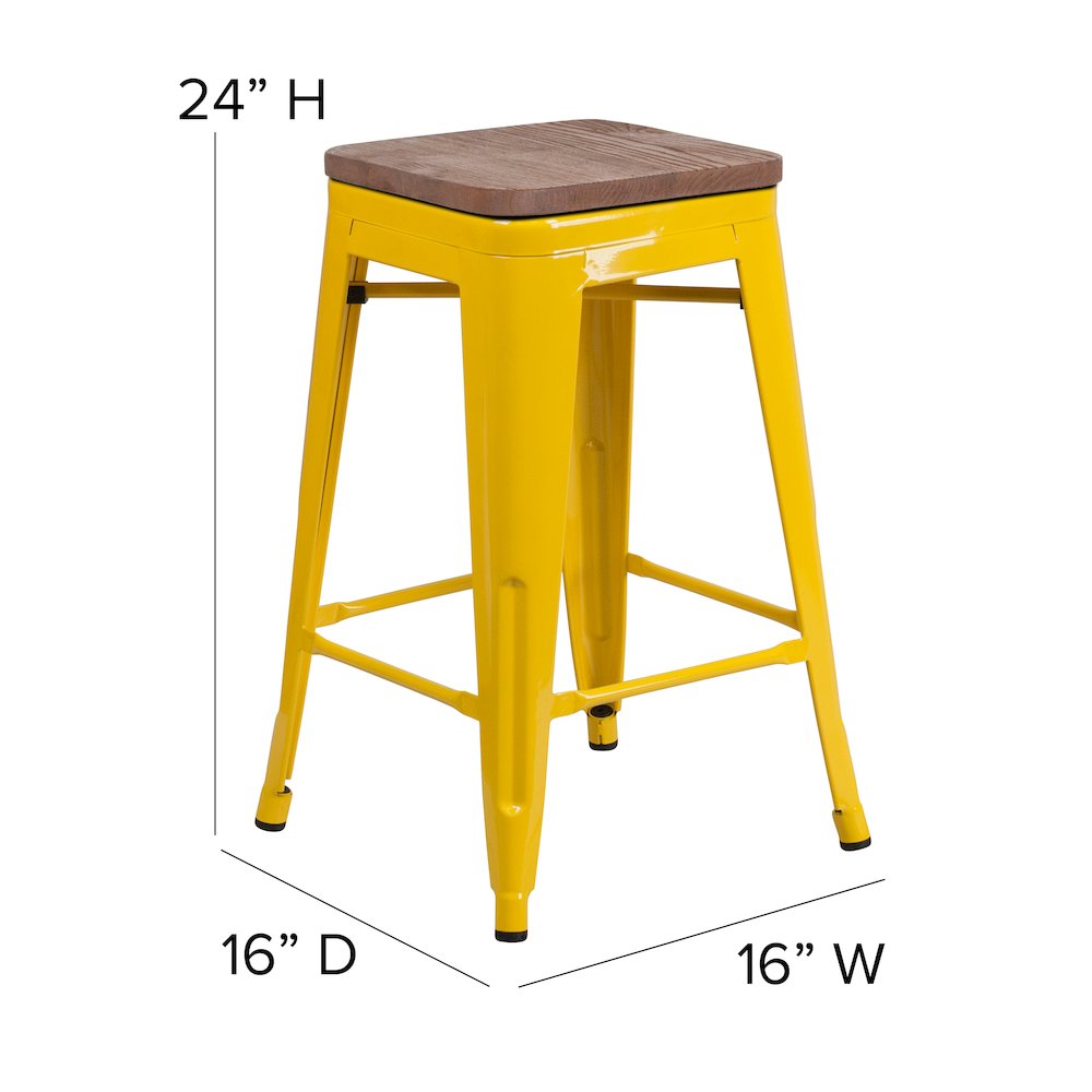 24" High Backless Yellow Metal Counter Height Stool with Square Wood Seat