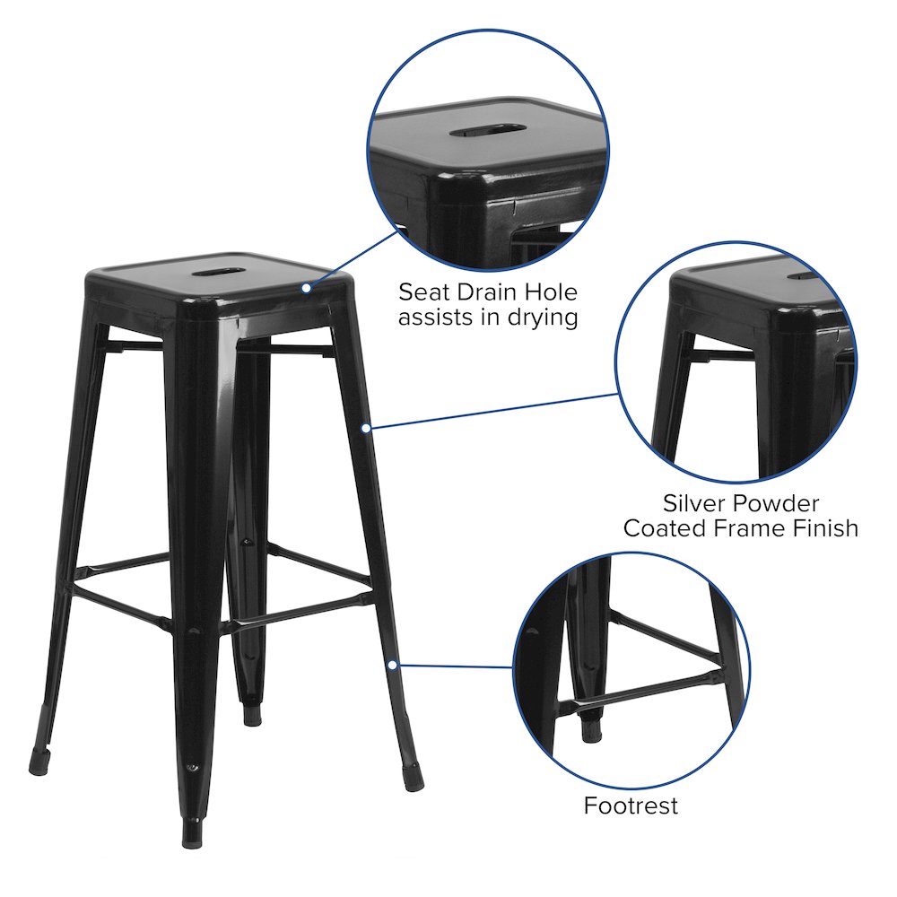 30" High Backless Black Metal Indoor-Outdoor Barstool with Square Seat
