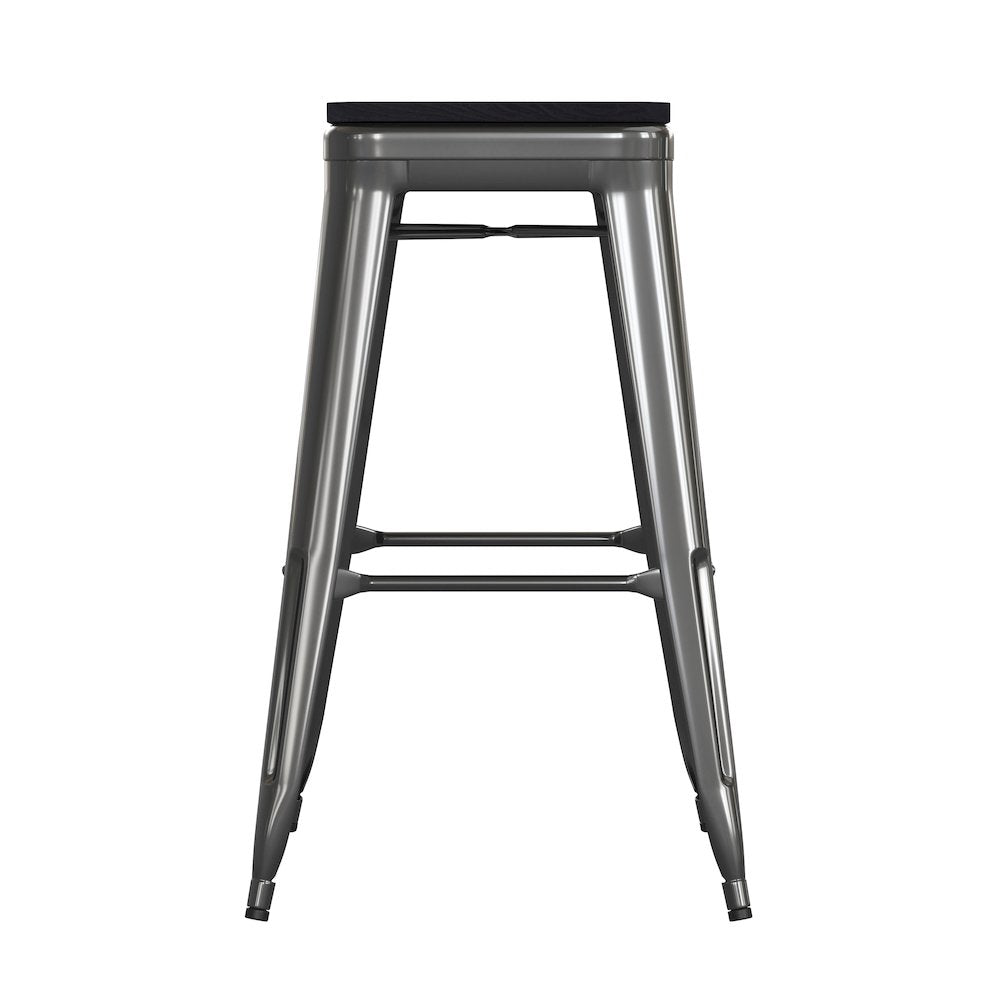 30" High Black Metal Indoor-Outdoor Barstool with Black Poly Resin Wood Seat