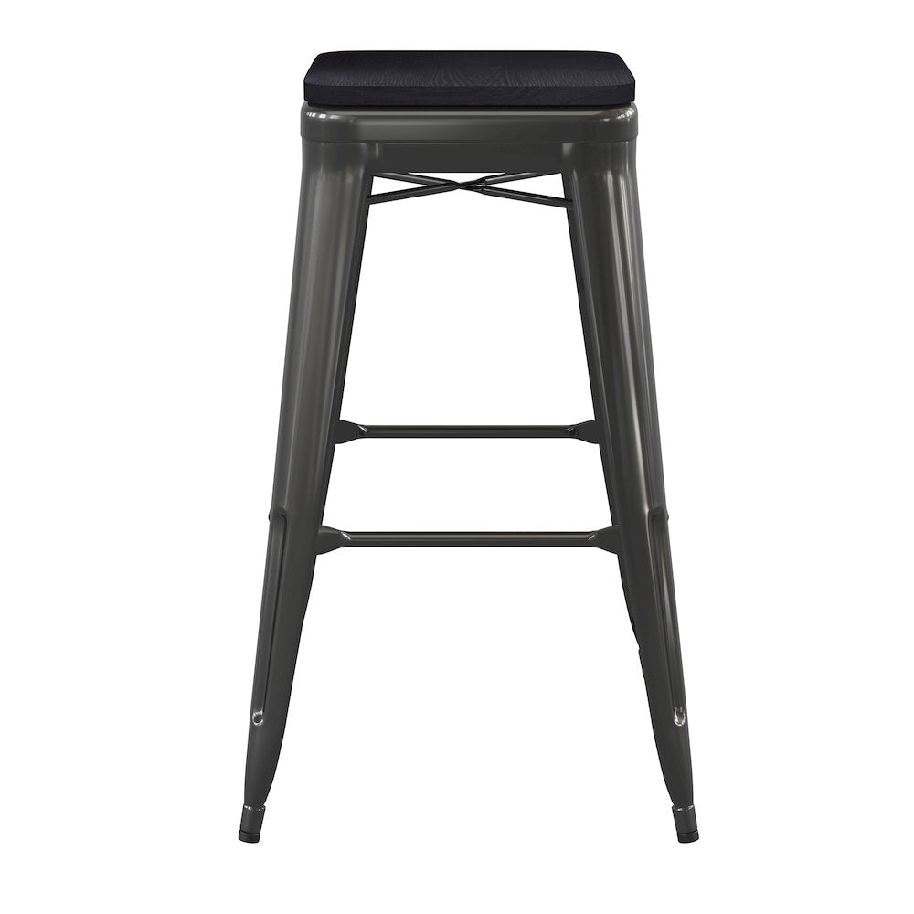 30" High Black Metal Indoor-Outdoor Barstool with Black Poly Resin Wood Seat
