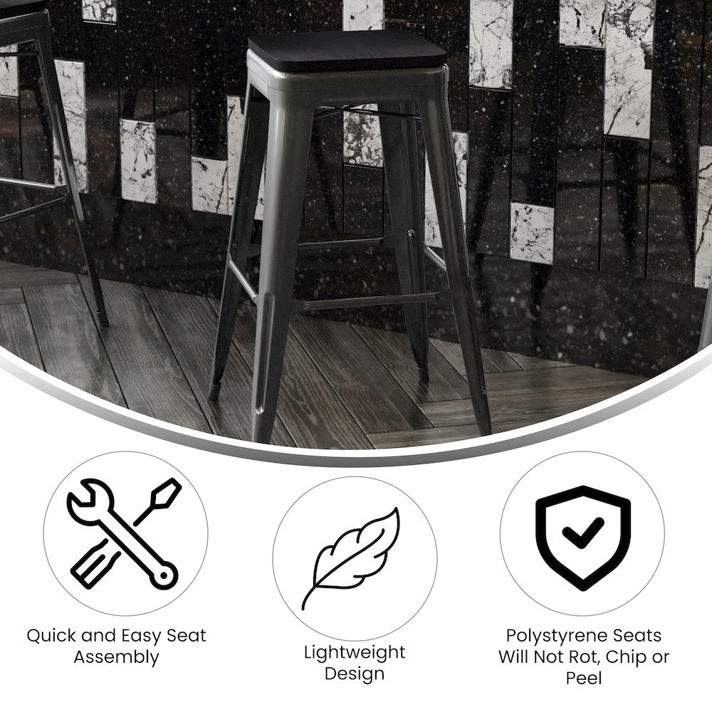 30" High Black Metal Indoor-Outdoor Barstool with Black Poly Resin Wood Seat