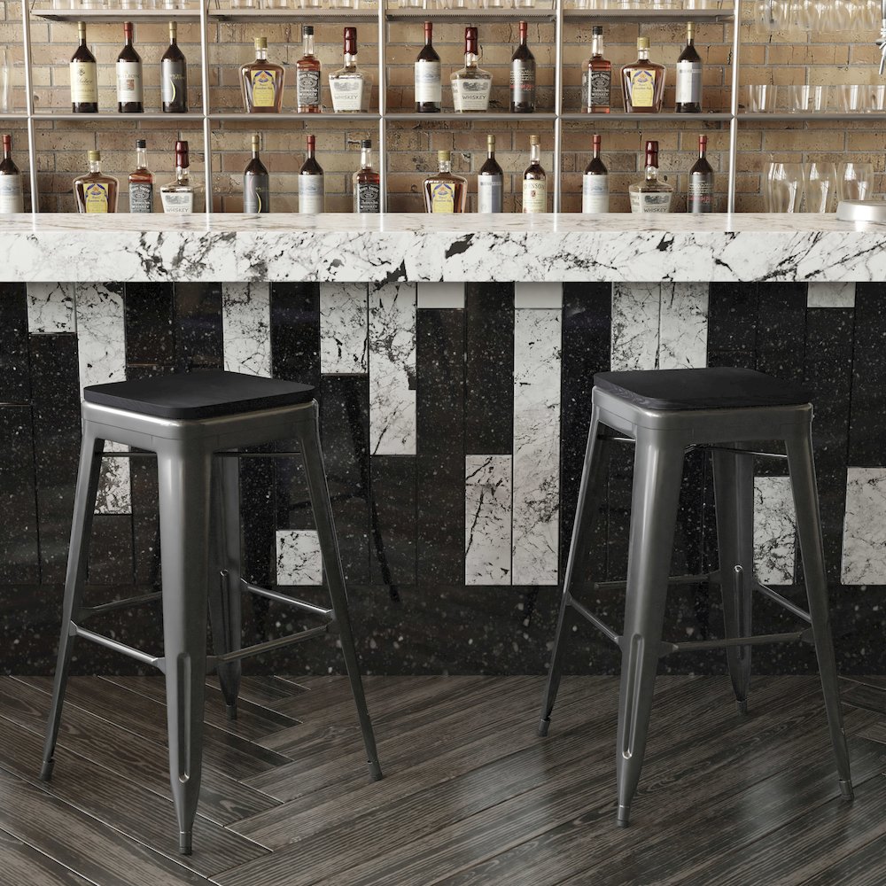 30" High Black Metal Indoor-Outdoor Barstool with Black Poly Resin Wood Seat