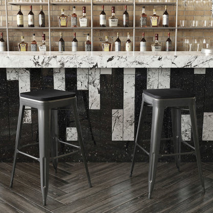 30" High Black Metal Indoor-Outdoor Barstool with Black Poly Resin Wood Seat