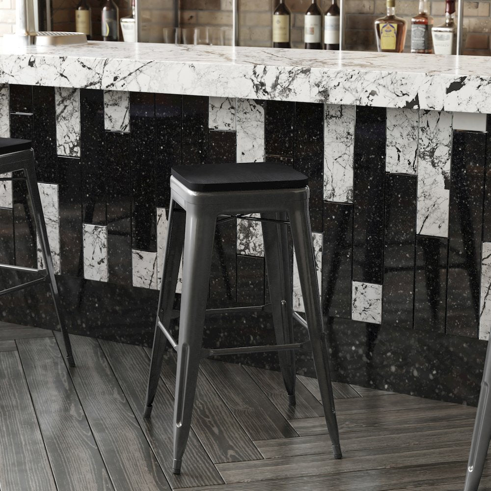 30" High Black Metal Indoor-Outdoor Barstool with Black Poly Resin Wood Seat