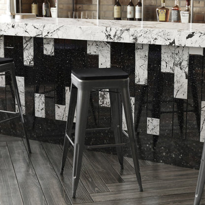 30" High Black Metal Indoor-Outdoor Barstool with Black Poly Resin Wood Seat