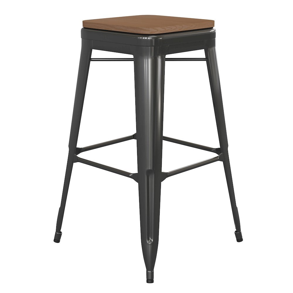 30" High Black Metal Indoor-Outdoor Barstool with Teak Poly Resin Wood Seat