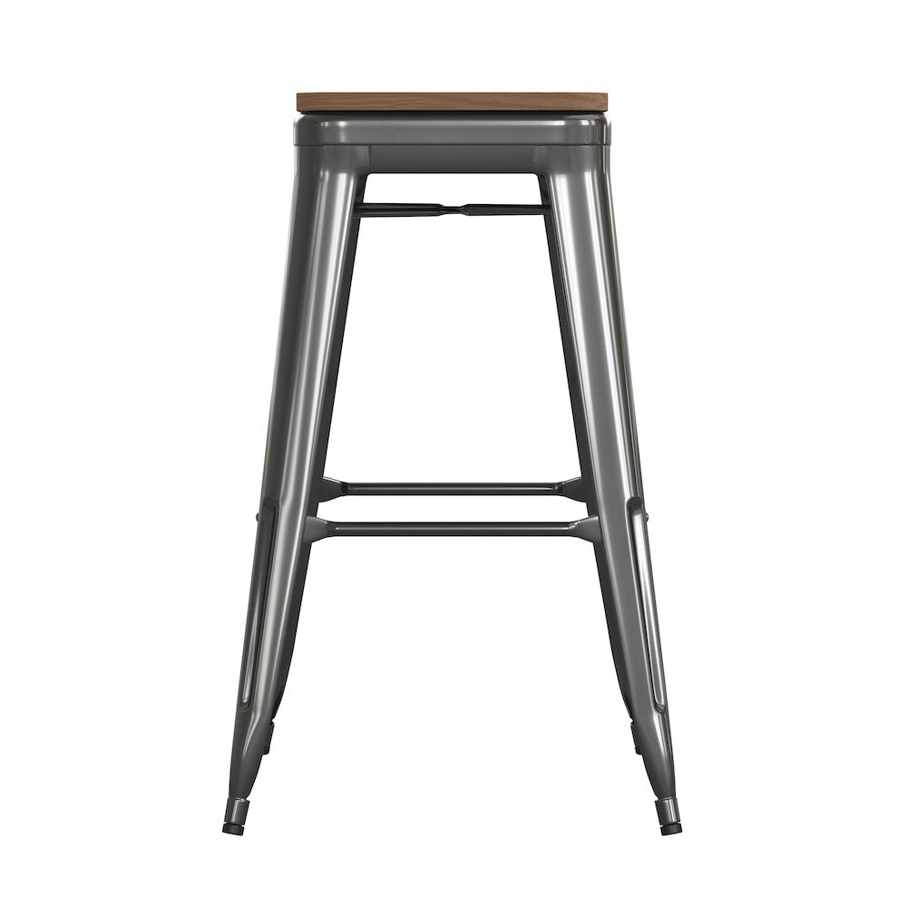 30" High Black Metal Indoor-Outdoor Barstool with Teak Poly Resin Wood Seat