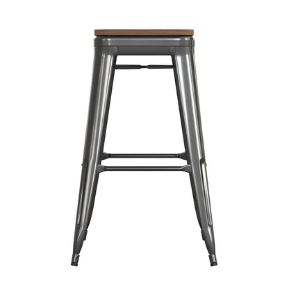 30" High Black Metal Indoor-Outdoor Barstool with Teak Poly Resin Wood Seat