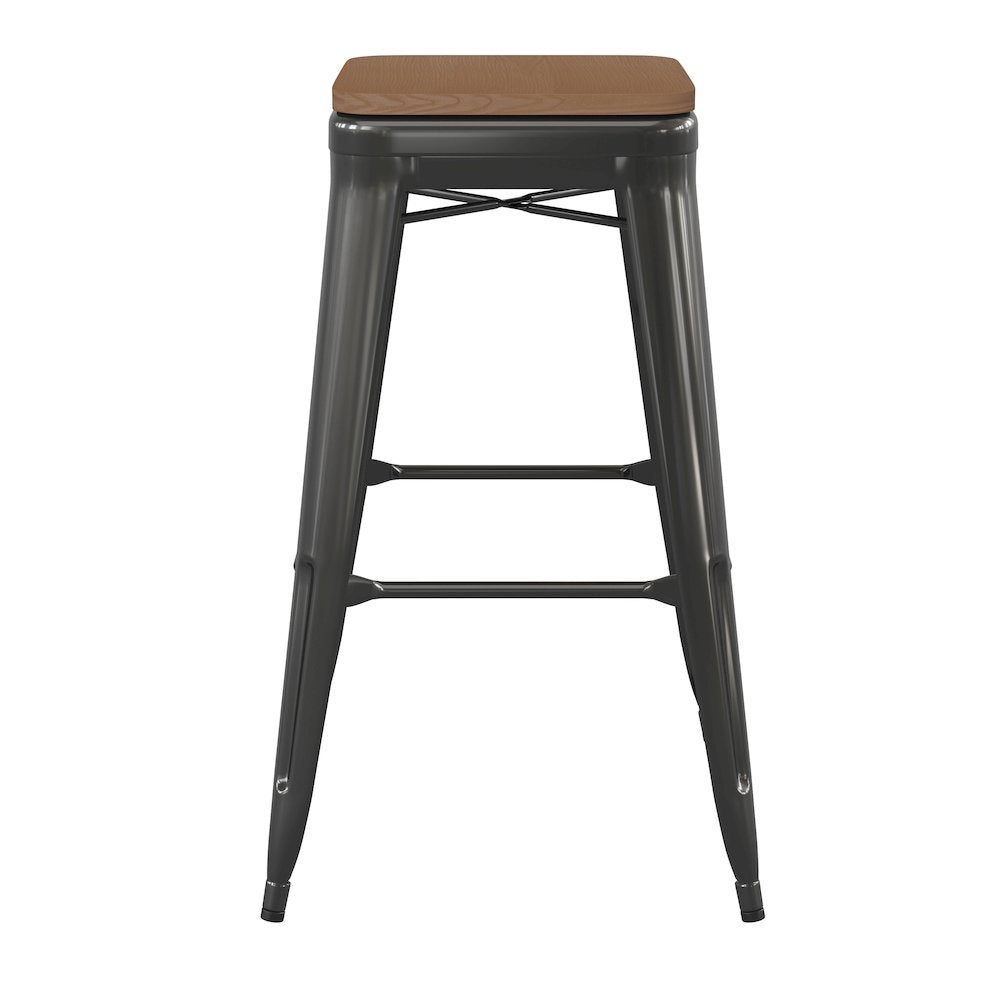 30" High Black Metal Indoor-Outdoor Barstool with Teak Poly Resin Wood Seat