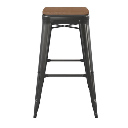 30" High Black Metal Indoor-Outdoor Barstool with Teak Poly Resin Wood Seat
