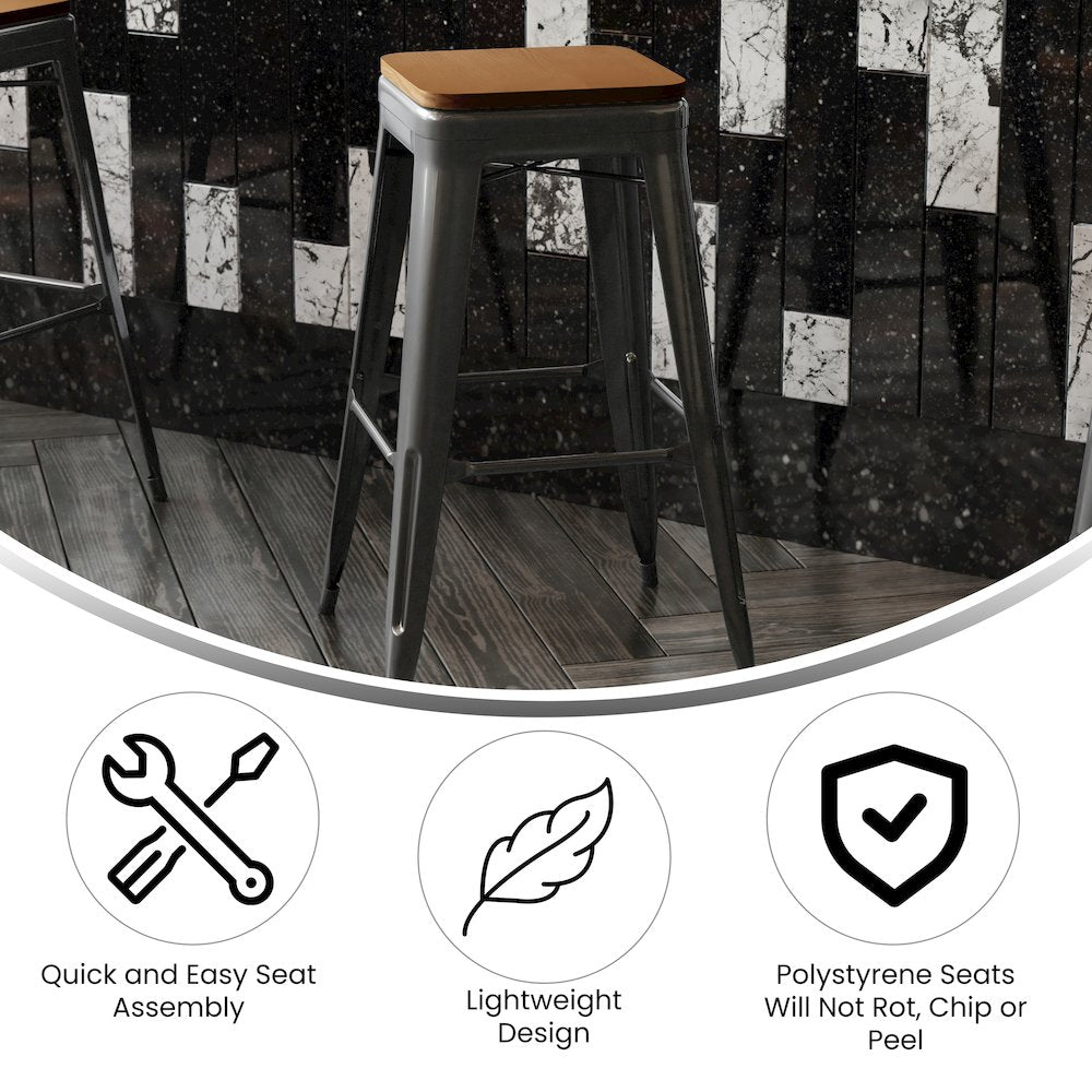 30" High Black Metal Indoor-Outdoor Barstool with Teak Poly Resin Wood Seat