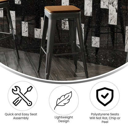 30" High Black Metal Indoor-Outdoor Barstool with Teak Poly Resin Wood Seat