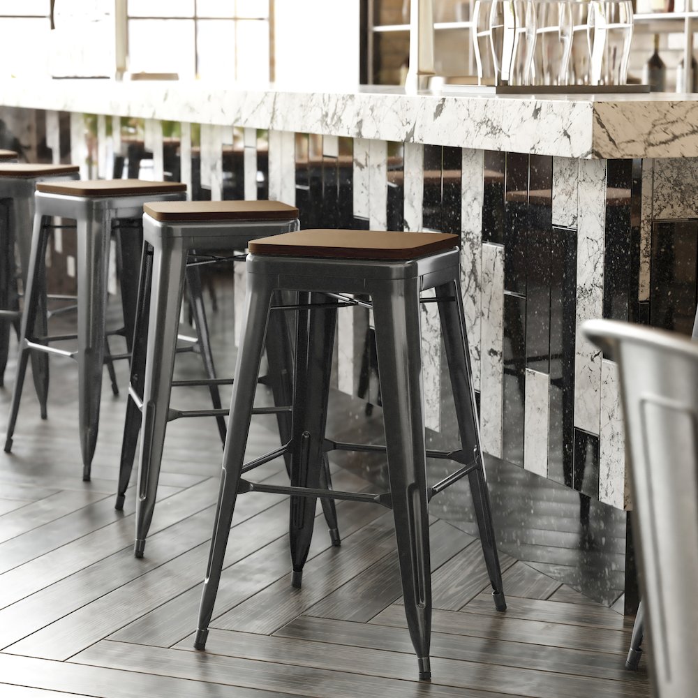 30" High Black Metal Indoor-Outdoor Barstool with Teak Poly Resin Wood Seat