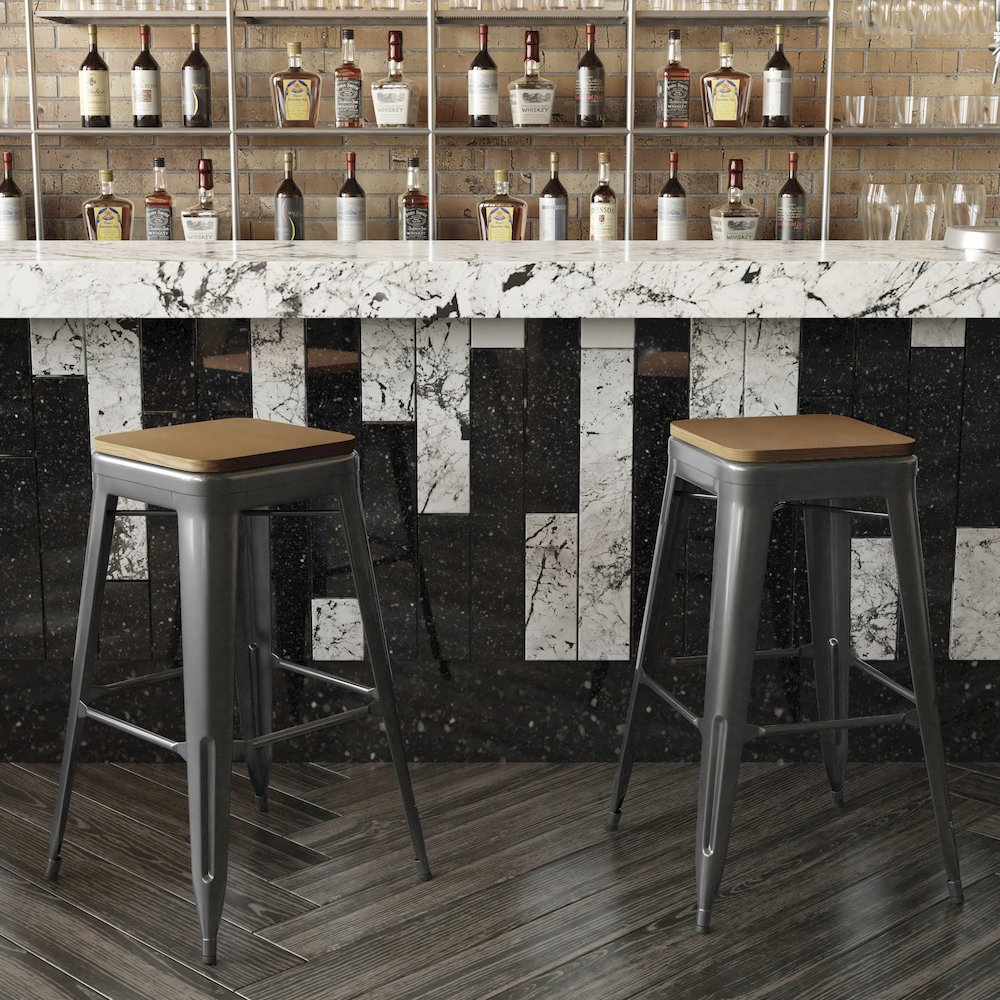 30" High Black Metal Indoor-Outdoor Barstool with Teak Poly Resin Wood Seat