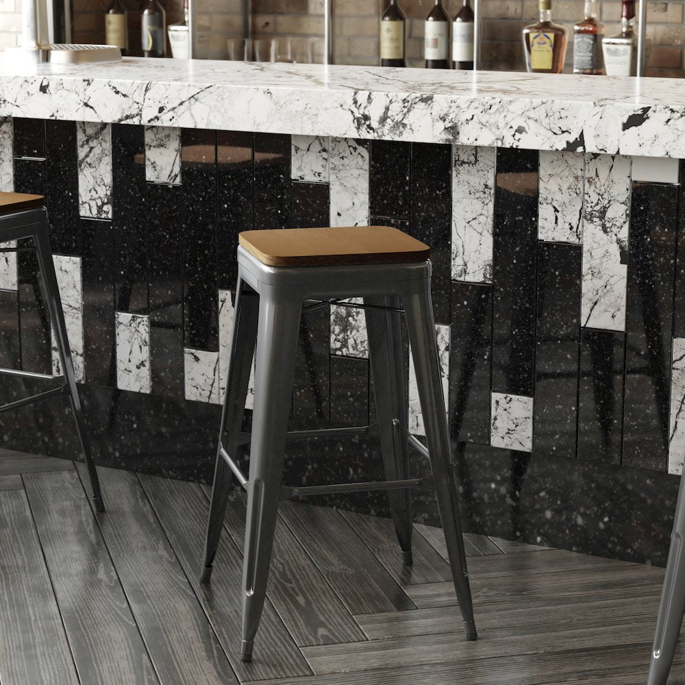 30" High Black Metal Indoor-Outdoor Barstool with Teak Poly Resin Wood Seat
